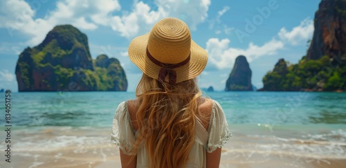 Woman in Hat Standing on Beach