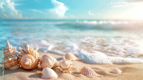 Fototapeta Naklejka Na Ścianę i Meble -  starfish and seashell on sandy beach, summer backround with copy space