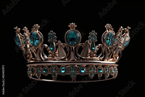 a royal crown with aquamarine shiny sparkling gemstones on plain black background from Generative AI