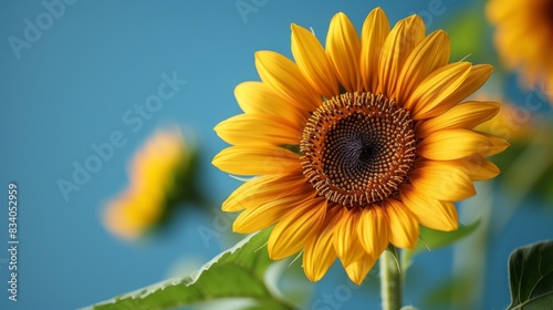 A close up of a sunflower with green leaves and blue sky  AI