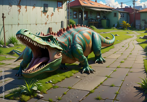 Colorful Dinosaur Suburban Street Artistic Illustration