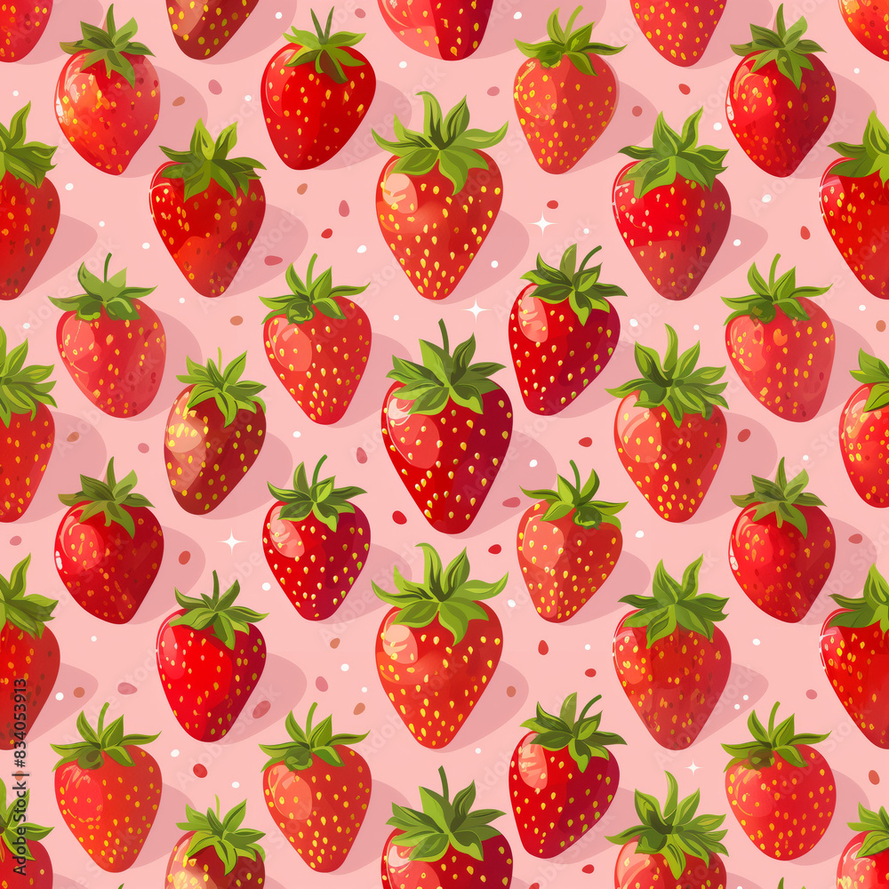 Cute simple strawberry pattern on pink background, seamless 