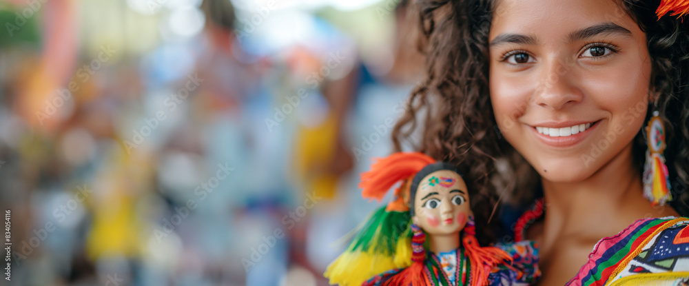 Fototapeta premium Smiling woman with a doll wearing a colorful traditional dress and a decorated straw hat. Festive and cultural theme. Design for banner with copy space, poster, and invitation.