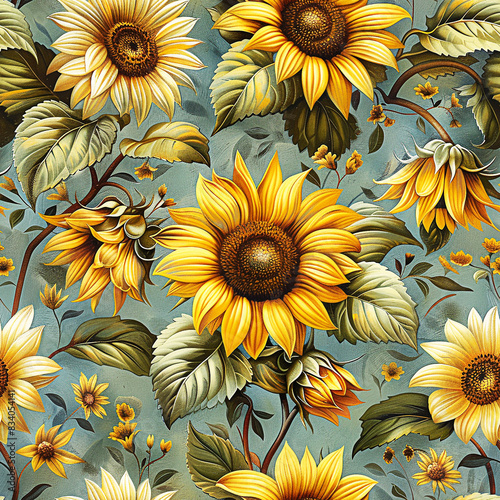 sunflowers vintage seamless wallpaper, beautiful yellow flowers, nature repetitive background