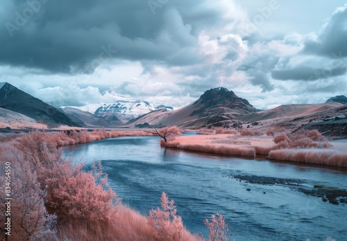 A serene river winds through a mountainous landscape in an infrared photograph. photo