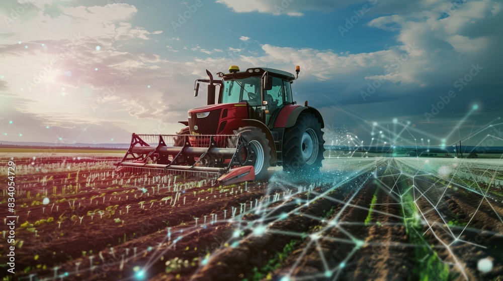 Obraz premium Tractor Spraying Crops in Field