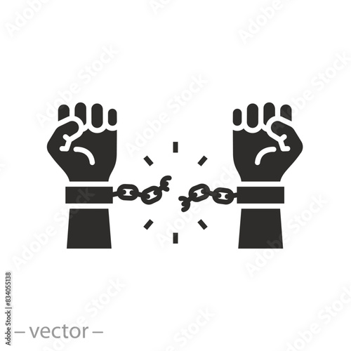 struggle freedom from slavery icon, break chain on hands, arm explode, flat symbol on white background - vector illustration