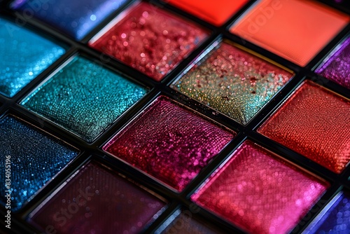 Close-up view of a vibrant and textured multi colored eyeshadow palette with rich hues and flawless surface. Generative AI