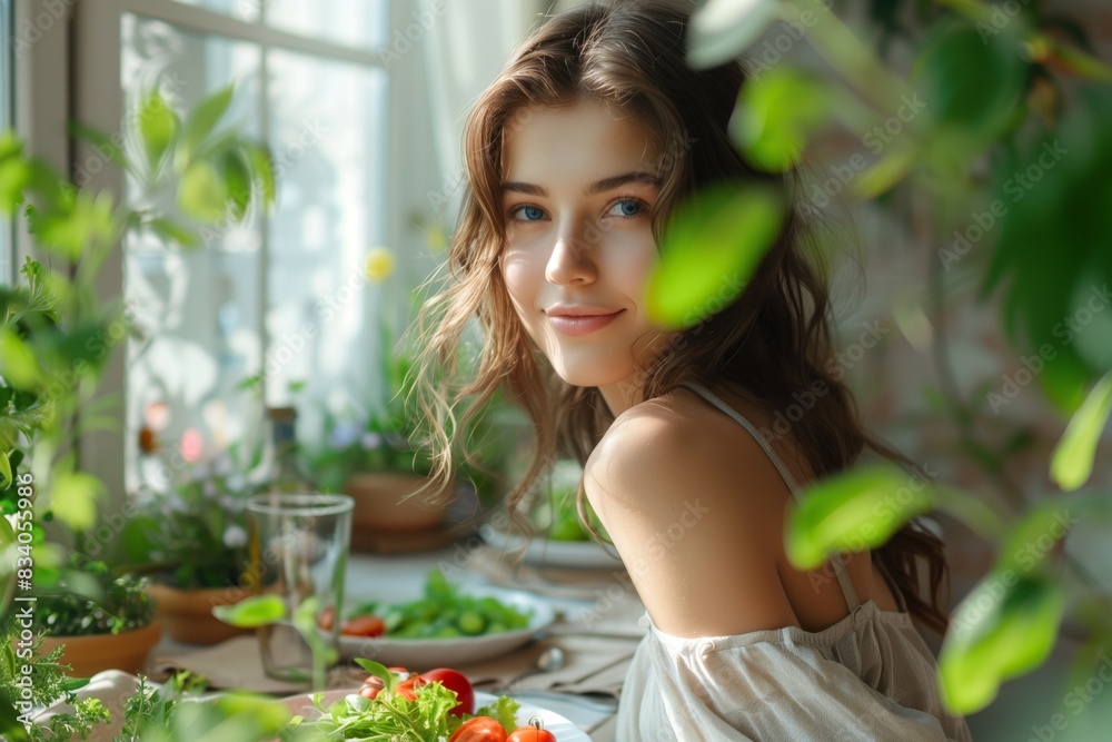 Woman Sitting at Table With Plate of Food
