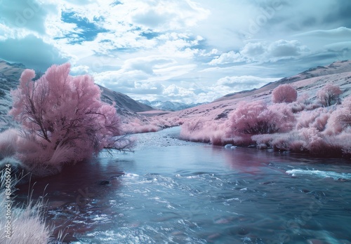 A serene river winds through a mountainous landscape in an infrared photograph. photo