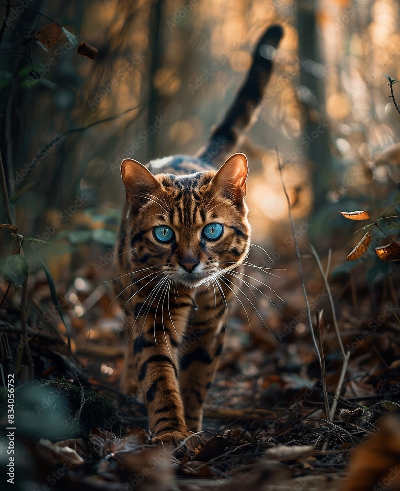   A close-up photo of a cat strolling in a forest, surrounded by feline friends on both sides