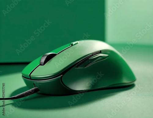 Green computer mouse with black wire on a green background. Close up shot. photo