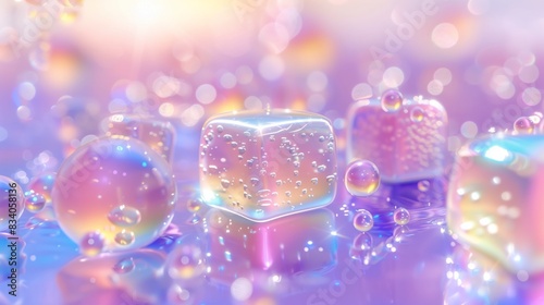 Vibrant and colorful ice cubes with water droplets creating a mesmerizing and refreshing visual. Perfect for abstract and artistic backgrounds or themes of coolness.