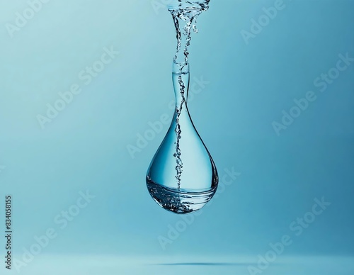 Drop of water a millisecond before falling, floating in the air above the blue table. Close-up photo of the drop. Clear drop and blurred blue background photo