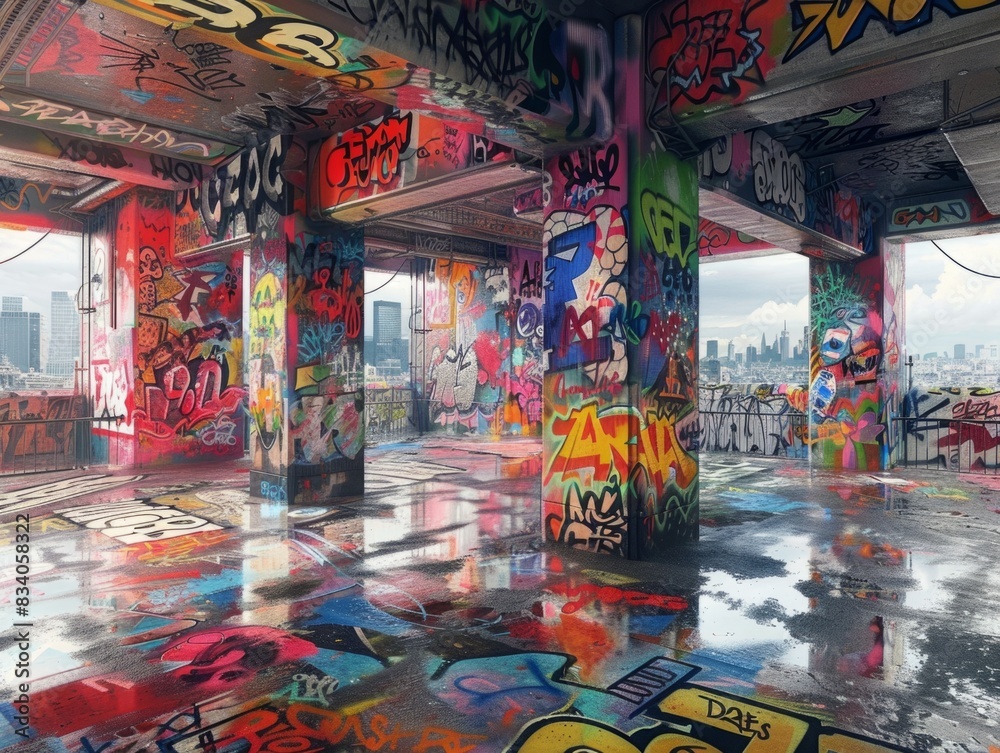 Fototapeta premium Artistic 3D depiction of an urban setting transformed by graffiti and street art, with vibrant spray-painted murals and tags covering walls and surfaces, capturing the raw energy and creativity of