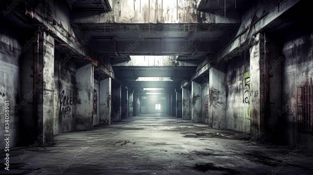 A large, empty room with graffiti on the walls. A large, empty room with graffiti on the walls.