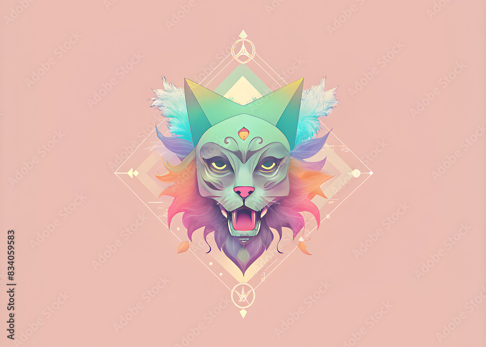 Fototapeta premium colorfully abstracted faces, cult party kei, manticore, celestialpunk, tropical symbolism, floral explosions, catcore.