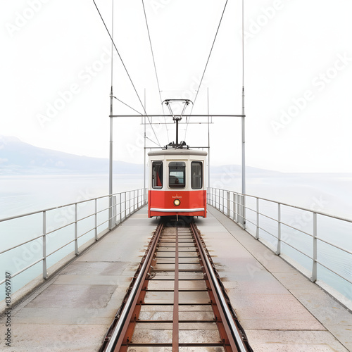 Attractive rigi bahn electric cable tram, goldau - rigi kulm cogwheel railway, for stunning scenic view of mt. rigi in switzerland, wide angle photography isolated on white background, minimalism, png photo