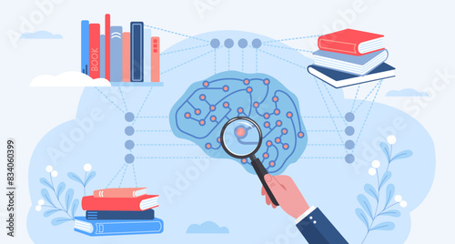Obtaining knowledge from books  developing intelligence. Knowledge from books is gets into the brain. Search  extracting the necessary knowledge from the brain. Conceptual illustration. 
