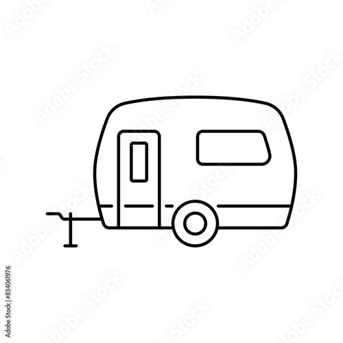 Caravan icon. Trailer. Motorhome, camper. Black contour linear silhouette. Editable strokes. Side view. Vector simple flat graphic illustration. Isolated object on a white background. Isolate.