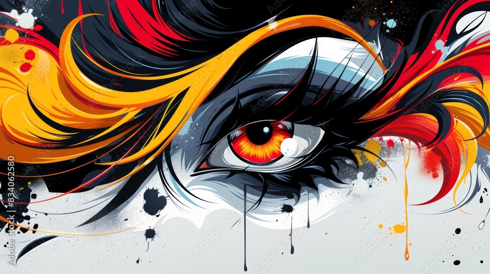 Obraz premium A close up of a painting with an eye and hair, AI