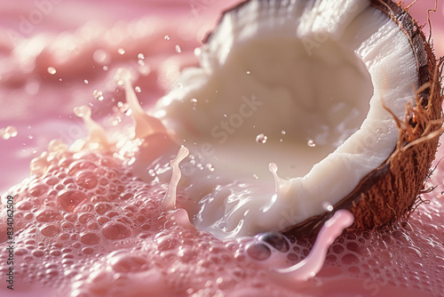 Macro image of milk forming a glossy layer on a coconut against a coral pink background, photo