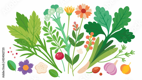 A variety of fresh herbs and flowers bursting with life ready to be picked and used by the community for cooking and decorating their homes.. Vector illustration