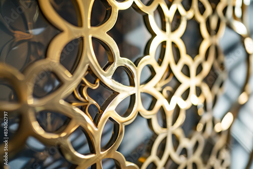 Detail of a golden metal lattice on a shop window. photo