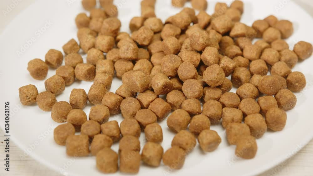 Dry pet food pouring into bowl close-up. Proper balanced feeding of animals. Dry pet food pouring into bowl close-up. Proper balanced feeding of animals.