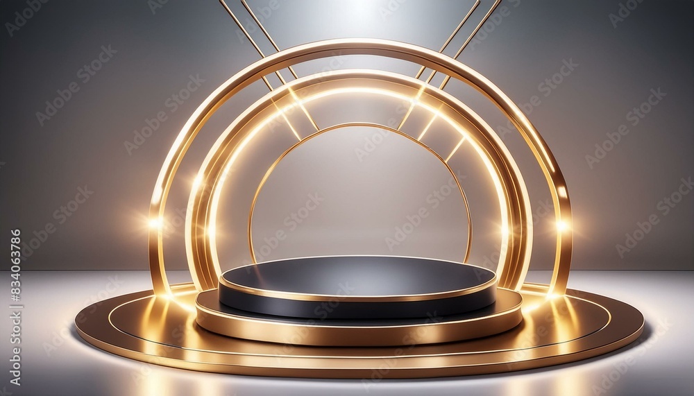 Elegant Scene with a Glowing Black and Gold Podium, empty stage for product presentation Elegant Scene with a Glowing Black and Gold Podium, empty stage for product presentation