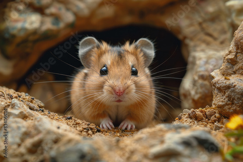 A shy hamster peeking out from behind a hideout, eyes cautious but curious,