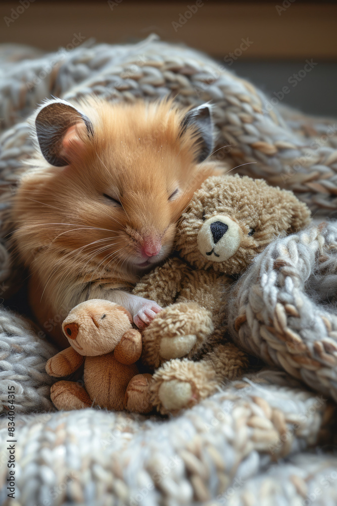 Fototapeta premium A loving hamster cuddling with a small stuffed animal, eyes closed in affection,
