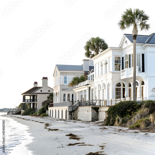 Stately homes sit along the shoreline of the alantic ocean near charleston, south carolina, usa isolated on white background, text area, png
 photo