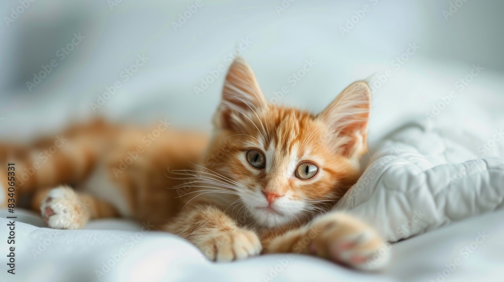 A small adorable red cat on a white background with gray eyes A small adorable red cat on a white background with gray eyes