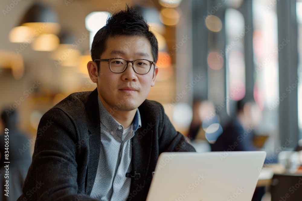 Obraz premium Asian Man at Computer. Corporate Businessman in Office Working on Laptop