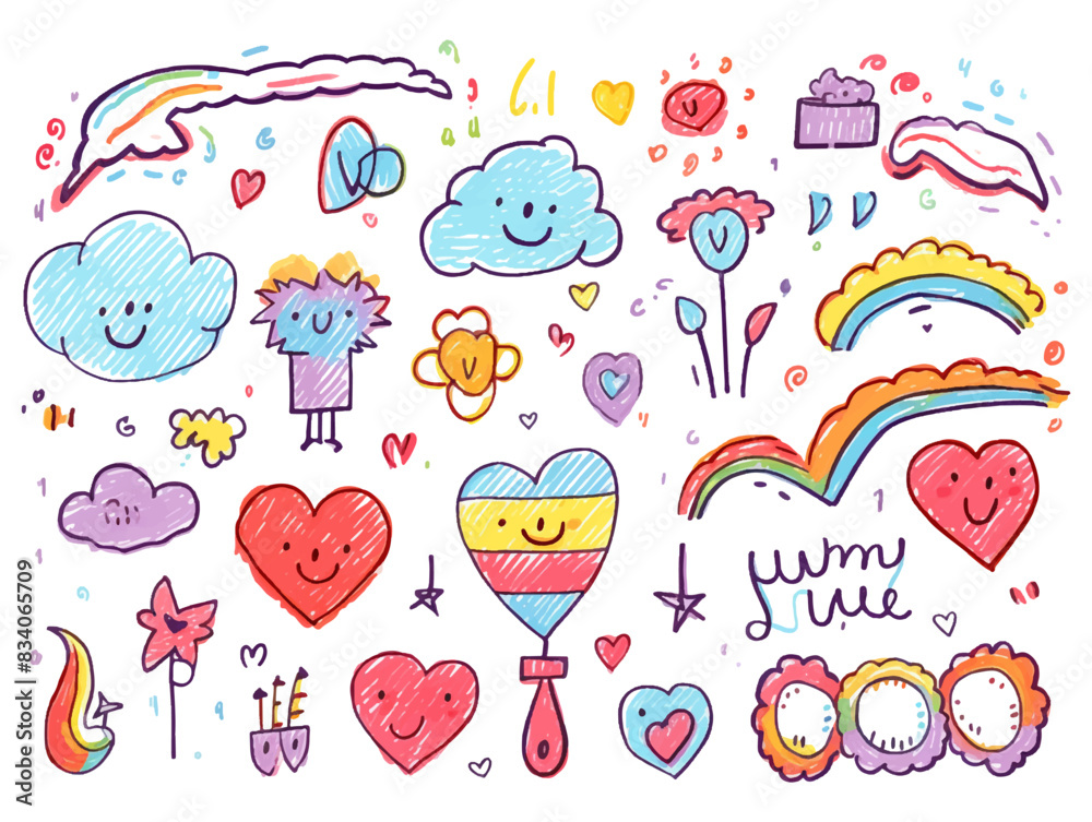 Cartoon cute doodles of fun-related items like love, rainbow, clouds, and colorful creating a vibrant and colorful seamless backdrop Cartoon cute doodles of fun-related items like love, rainbow, clouds, and colorful creating a vibrant and colorful seamless backdrop