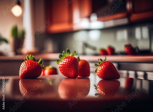 Fraises en Gros Plan dans une cuisine, Succulentes Fraises sur Plan de Travail : Une Explosion de Fraîcheur dans Votre Cuisine photo