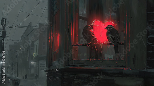   A pair of birds perched on a window sill adjacent to a heart-shaped one photo