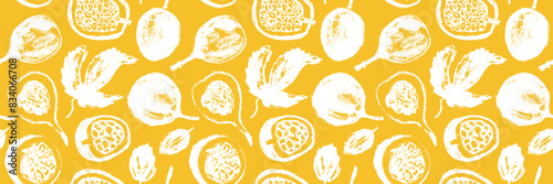 Tropical fruit banner. Vector passion fruit seamless pattern. Hand drawn granadilla illustrations. Colorful exotic fruits ornate print. Natural background for cosmetics, fruits puree or juice label.