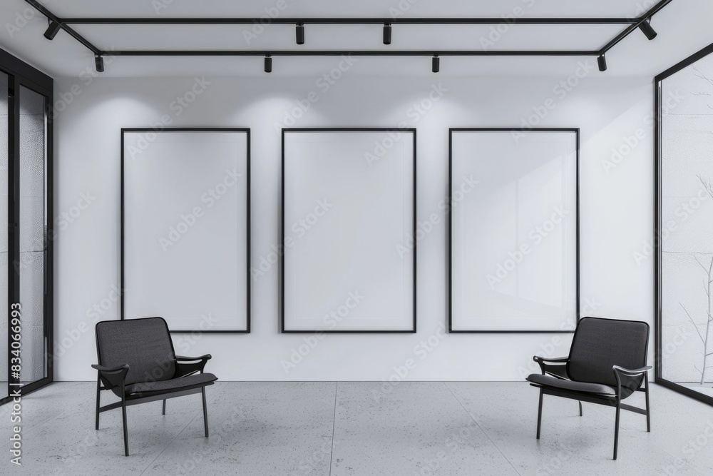 Fototapeta premium Art Gallery Frames. Minimalist Black Frames on White Wall. Interior Design Office Mockup