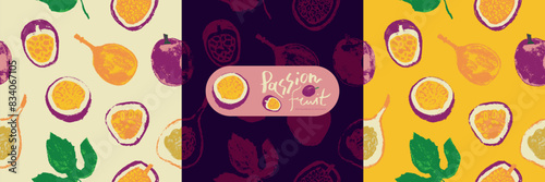 Tropical fruit banner. Vector passion fruit seamless pattern. Hand drawn granadilla illustrations. Colorful exotic fruits ornate print. Natural background for cosmetics, fruits puree or juice label.