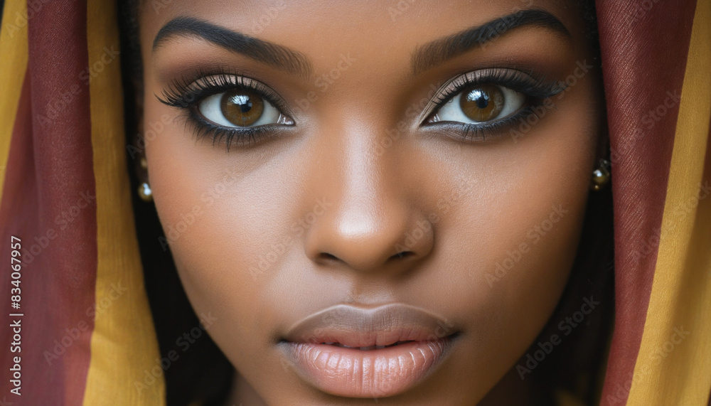 Stunning portrait of a young African woman showcasing her beautiful eyes and traditional tribal gaze Stunning portrait of a young African woman showcasing her beautiful eyes and traditional tribal gaze