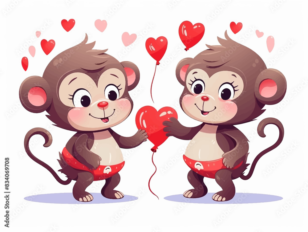 Monkey in love with heart valentine's day, couple animals with heart and valentine's day, illustration Monkey in love with heart valentine's day, couple animals with heart and valentine's day, illustration