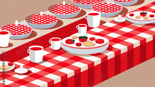 Tables are lined with red and white checkered tablecloths filled with plates of homemade dishes brought by the congregation.. Vector illustration