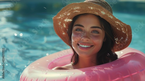 Woman Wearing Straw Hat and Pink Floatie