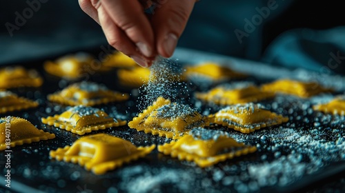  Person close-up, sprinkling sugar on pastries, baking sheet with pastries