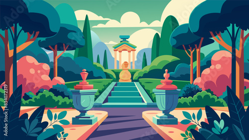 The stillness of the garden and the intricate details of each sculpture encourage you to slow down and take in all the beauty around you.. Vector illustration