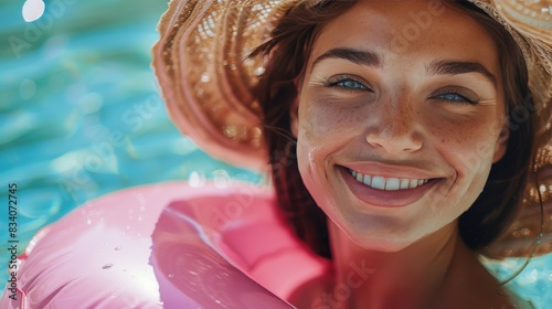 Woman Wearing Straw Hat and Pink Floatie