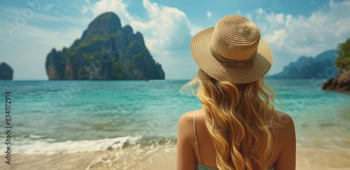 Woman in Hat Standing on Beach