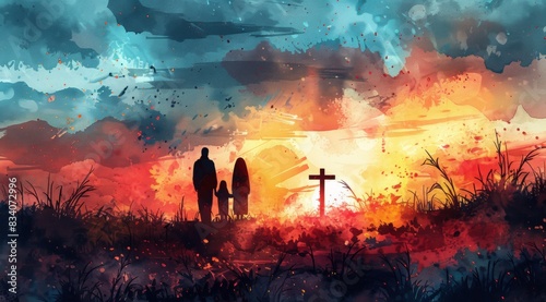 Easter resurrection concept: Silhouette of a family looking for the cross of Jesus Christ on the background of an autumn sunrise. Vector watercolor style. text Digital corollary